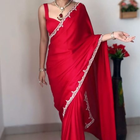 Outstanding 1-Minute Ready To Wear Red Satin Silk Saree