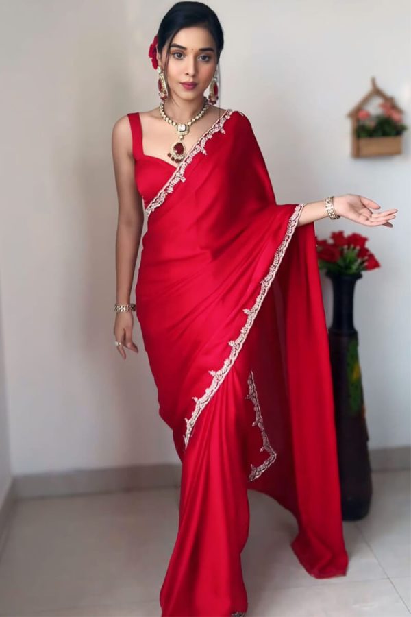 Outstanding 1-Minute Ready To Wear Red Satin Silk Saree