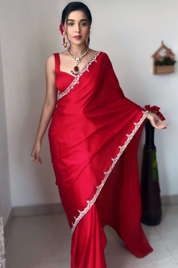 Outstanding 1-Minute Ready To Wear Red Satin Silk Saree