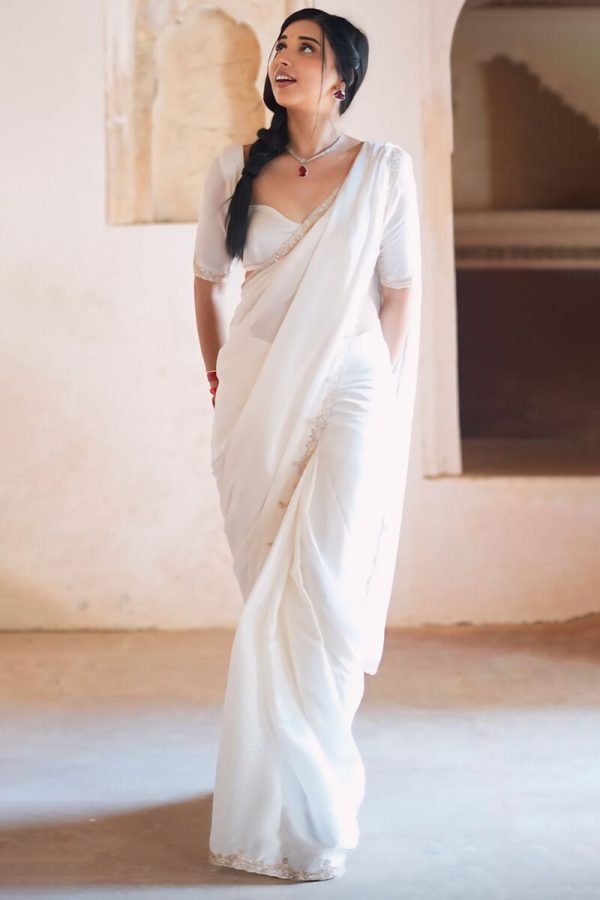 Blooming 1-Minute Ready To Wear White Satin Silk Saree