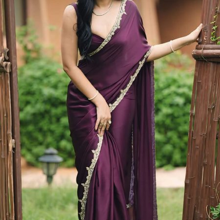 Prominent 1-Minute Ready To Wear Wine Satin Silk Saree