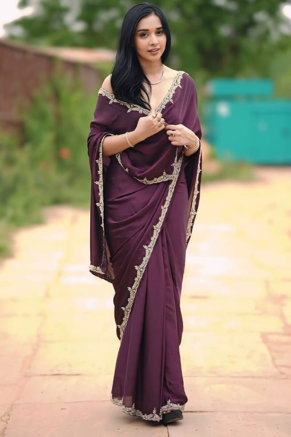 Prominent 1-Minute Ready To Wear Wine Satin Silk Saree