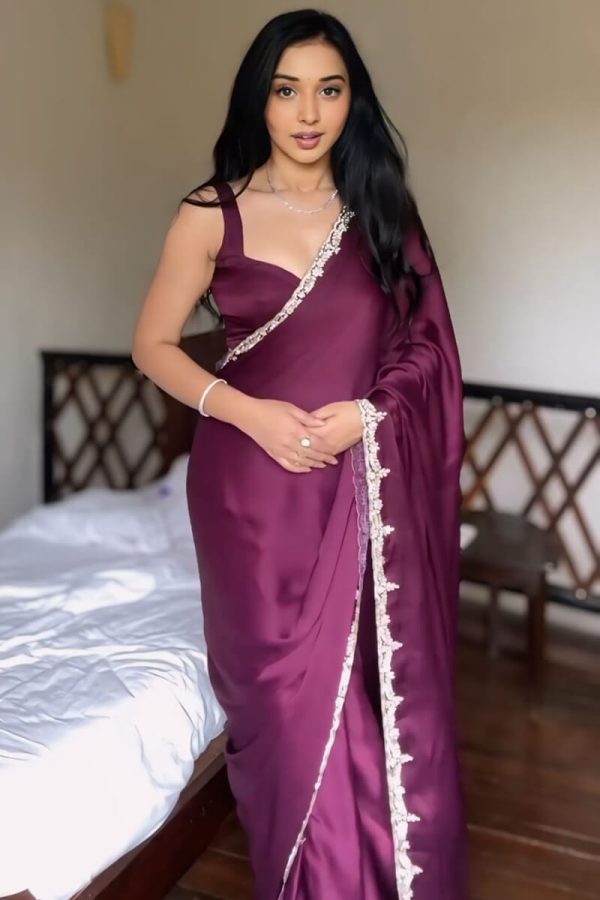 Prominent 1-Minute Ready To Wear Wine Satin Silk Saree