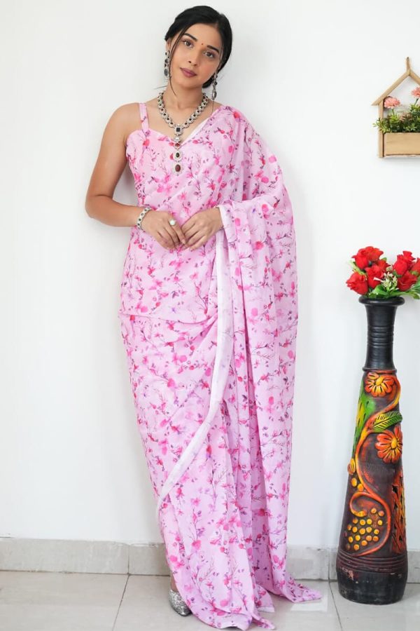 Extraordinary 1-Minute Ready To Wear Baby Pink Printed Satin Silk Saree