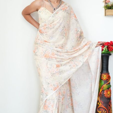 Lovely 1-Minute Ready To Wear Beige Printed Satin Silk Saree