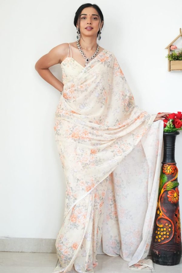 Lovely 1-Minute Ready To Wear Beige Printed Satin Silk Saree