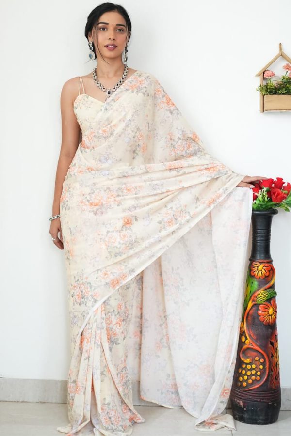 Lovely 1-Minute Ready To Wear Beige Printed Satin Silk Saree