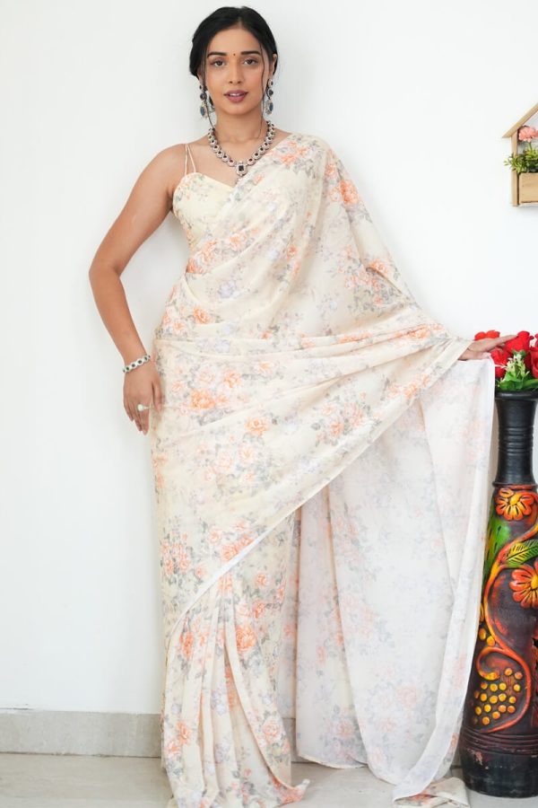 Lovely 1-Minute Ready To Wear Beige Printed Satin Silk Saree