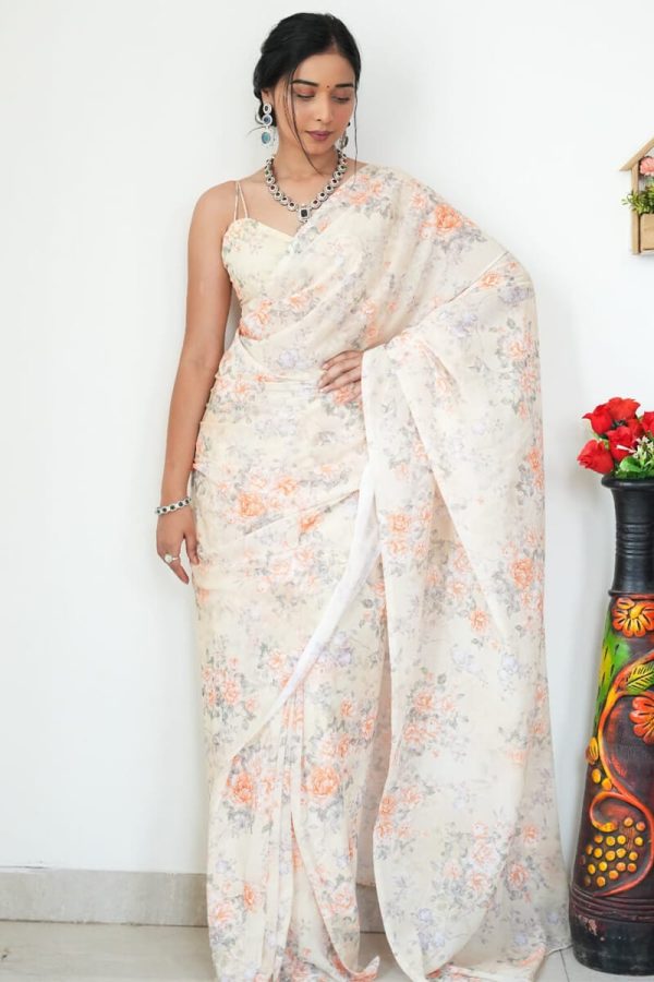 Lovely 1-Minute Ready To Wear Beige Printed Satin Silk Saree