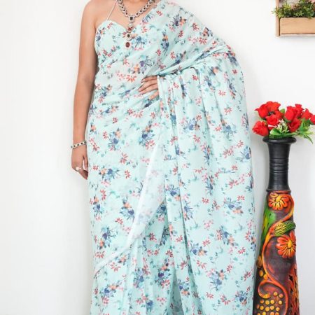 Gratifying 1-Minute Ready To Wear Light Sea Green Printed Satin Silk Saree