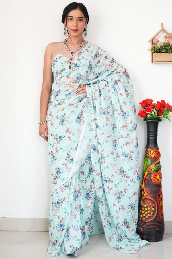 Gratifying 1-Minute Ready To Wear Light Sea Green Printed Satin Silk Saree