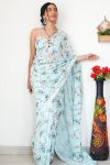 Gratifying 1-Minute Ready To Wear Light Sea Green Printed Satin Silk Saree