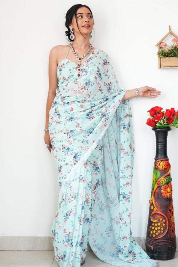 Gratifying 1-Minute Ready To Wear Light Sea Green Printed Satin Silk Saree