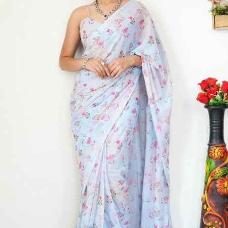 Jazzy 1-Minute Ready To Wear Sky Printed Satin Silk Saree