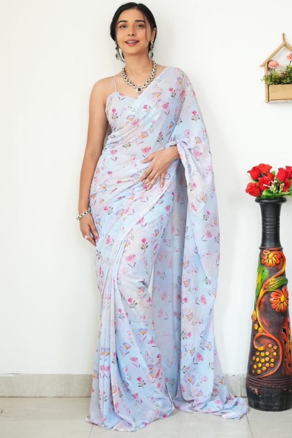 Jazzy 1-Minute Ready To Wear Sky Printed Satin Silk Saree