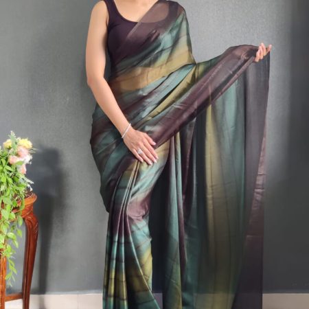 Unique 1-Minute Ready To Wear Dark Green Nylon Silk Saree