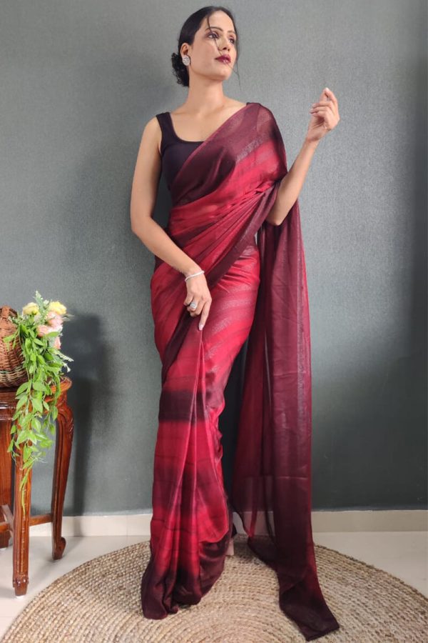 Prettiest 1-Minute Ready To Wear Maroon Nylon Silk Saree