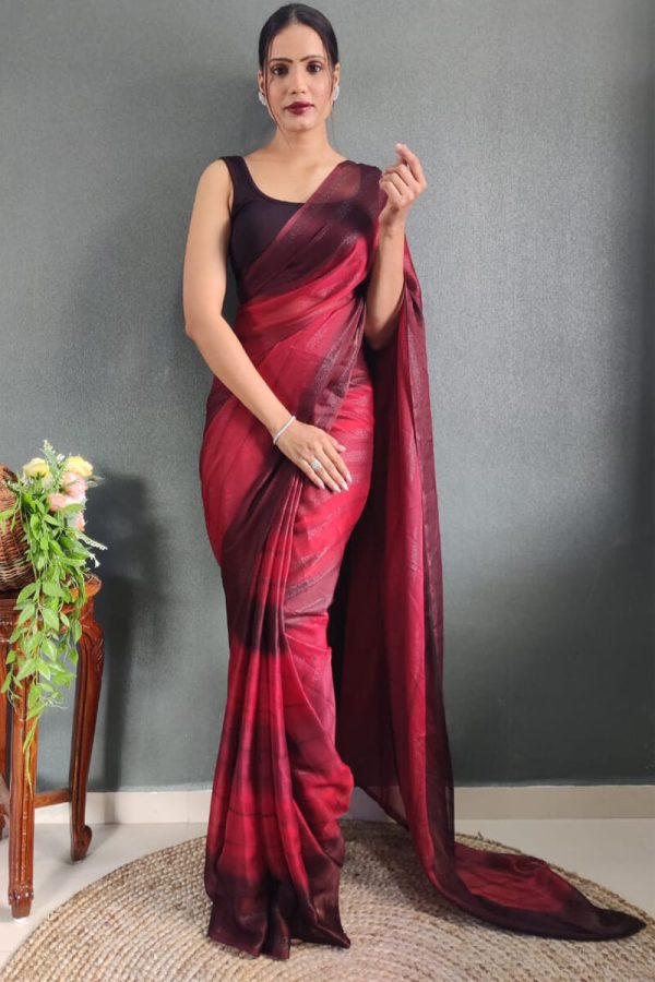 Prettiest 1-Minute Ready To Wear Maroon Nylon Silk Saree