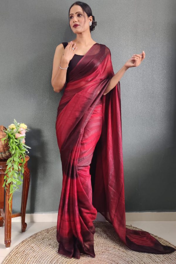 Prettiest 1-Minute Ready To Wear Maroon Nylon Silk Saree