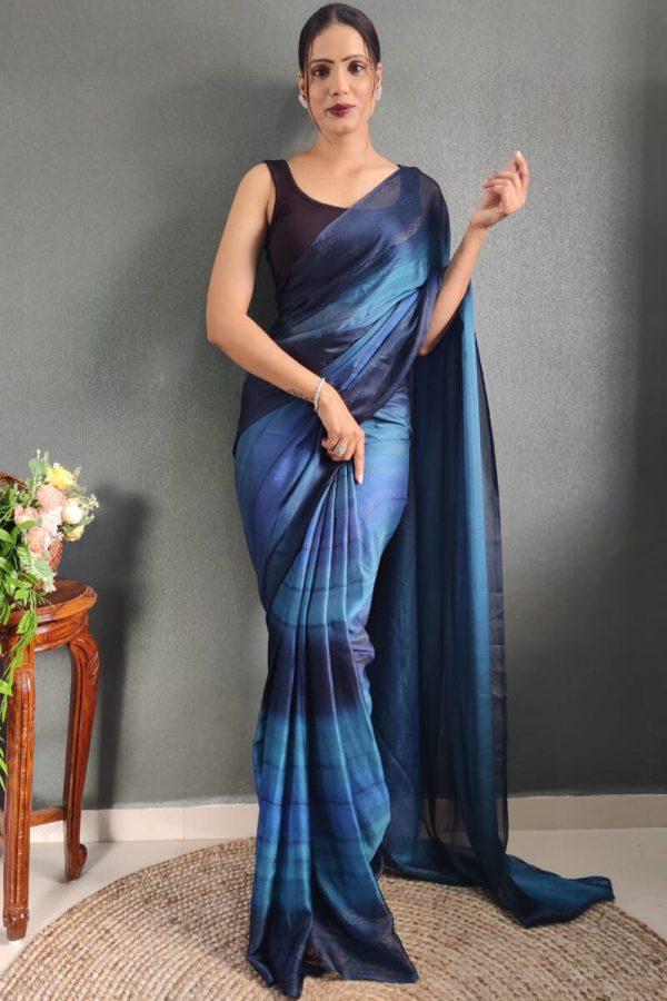 Engaging 1-Minute Ready To Wear Navy Blue Nylon Silk Saree