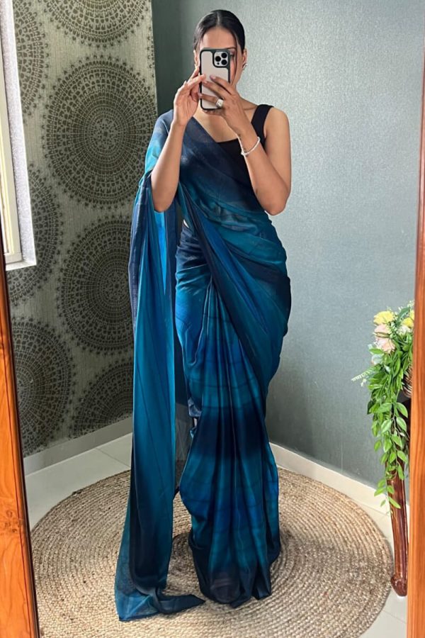 Engaging 1-Minute Ready To Wear Navy Blue Nylon Silk Saree