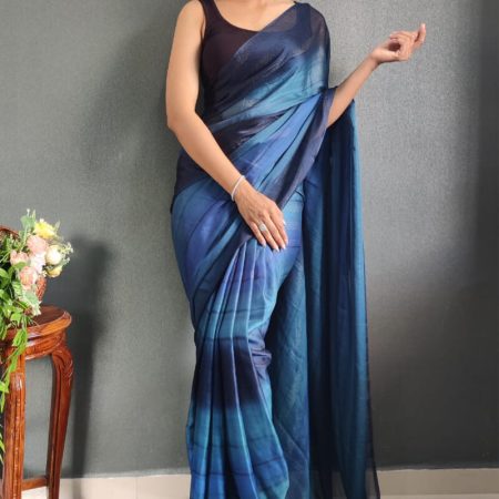 Engaging 1-Minute Ready To Wear Navy Blue Nylon Silk Saree