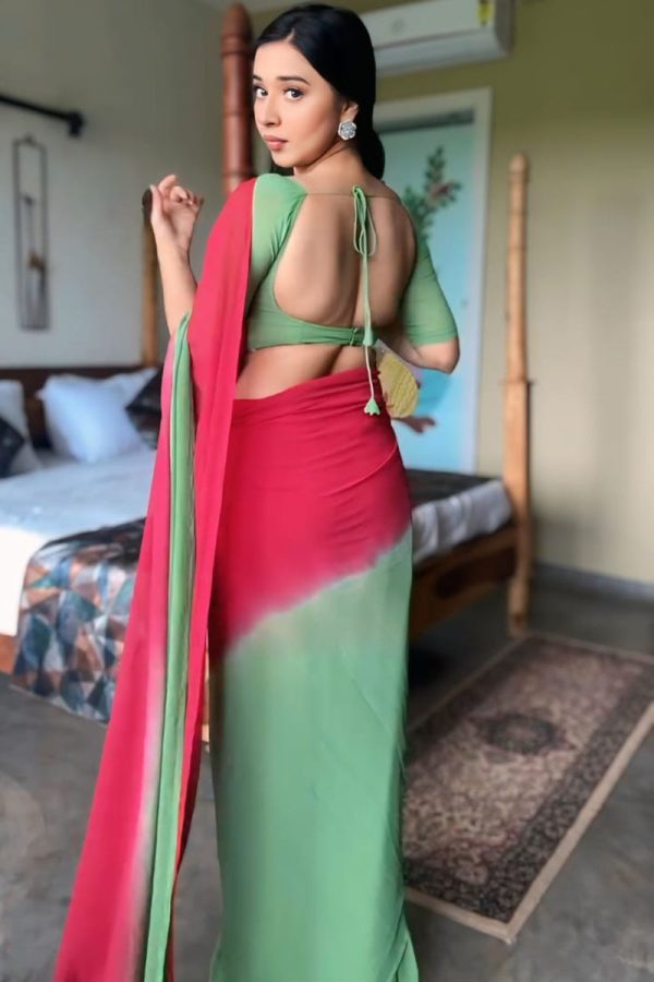 Dissemble 1-Minute Ready To Wear Red and Green Georgette Saree