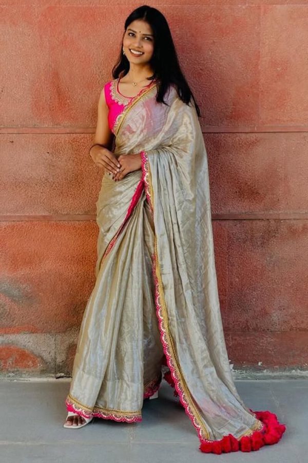 Precious Beige Tissue Silk Saree With Beautiful Blouse Piece