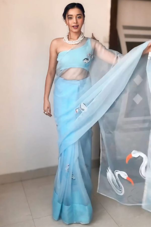 Beautiful 1-Minute Ready To Wear Sky Organza Silk Saree