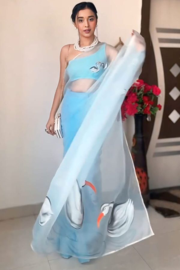 Beautiful 1-Minute Ready To Wear Sky Organza Silk Saree