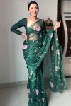 Flaunt 1-Minute Ready To Wear Dark Green Organza Silk Saree