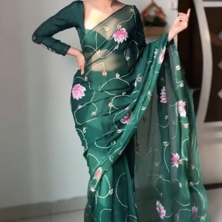 Flaunt 1-Minute Ready To Wear Dark Green Organza Silk Saree