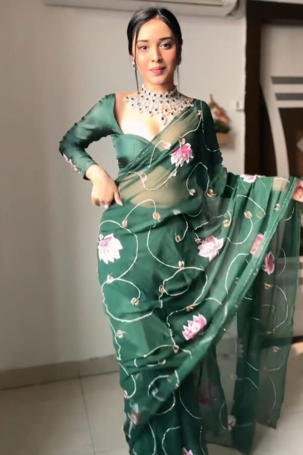 Flaunt 1-Minute Ready To Wear Dark Green Organza Silk Saree