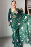 Flaunt 1-Minute Ready To Wear Dark Green Organza Silk Saree