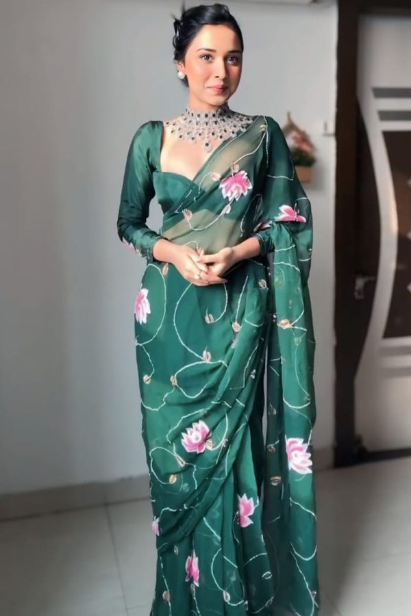 Flaunt 1-Minute Ready To Wear Dark Green Organza Silk Saree