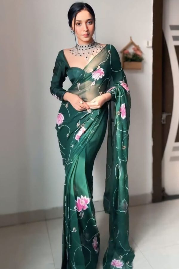 Flaunt 1-Minute Ready To Wear Dark Green Organza Silk Saree