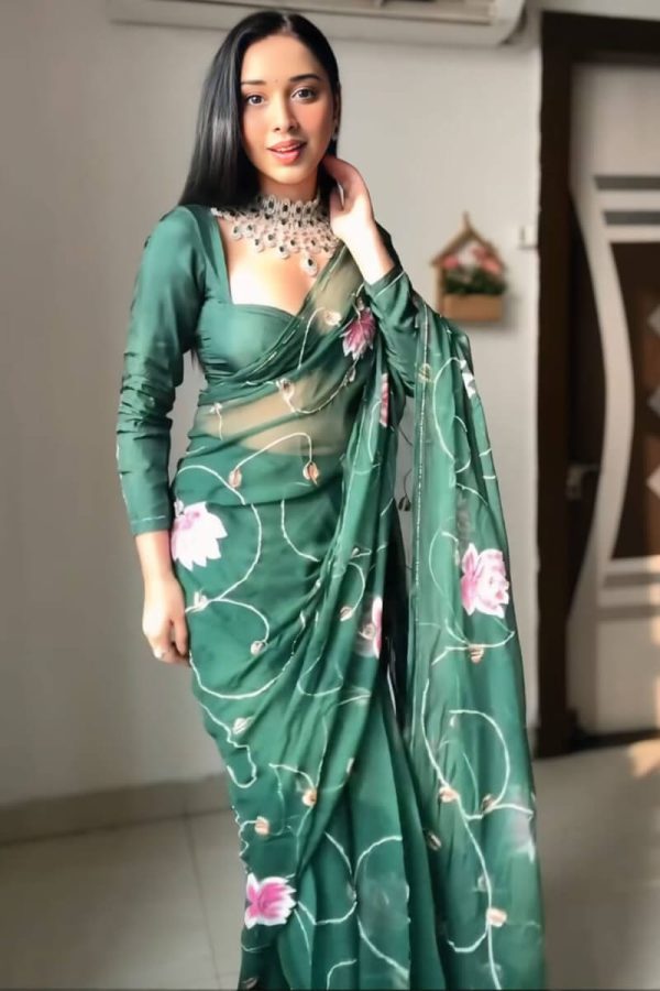 Flaunt 1-Minute Ready To Wear Dark Green Organza Silk Saree