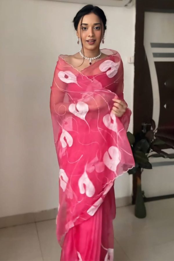 Pretty 1-Minute Ready To Wear Dark Pink Organza Silk Saree