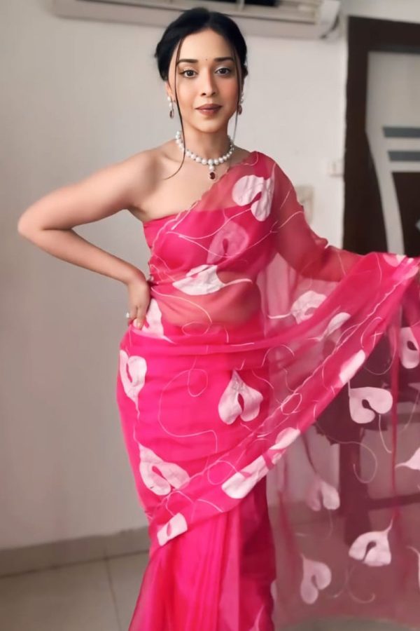 Pretty 1-Minute Ready To Wear Dark Pink Organza Silk Saree