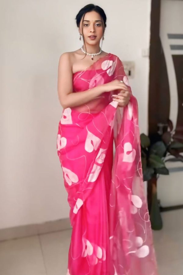 Pretty 1-Minute Ready To Wear Dark Pink Organza Silk Saree