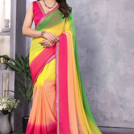 Unique 1-Minute Ready To Wear Pink and Green Georgette Saree