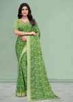 Silk Georgette Green Saree with Abstract Prints and Intricate Cutwork Embroidery Border