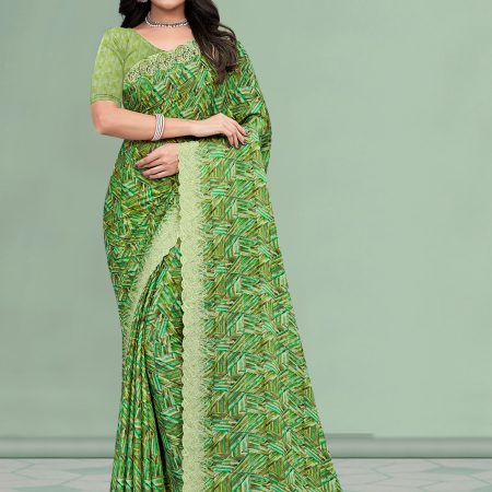 Silk Georgette Green Saree with Abstract Prints and Intricate Cutwork Embroidery Border