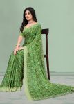 Silk Georgette Green Saree with Abstract Prints and Intricate Cutwork Embroidery Border