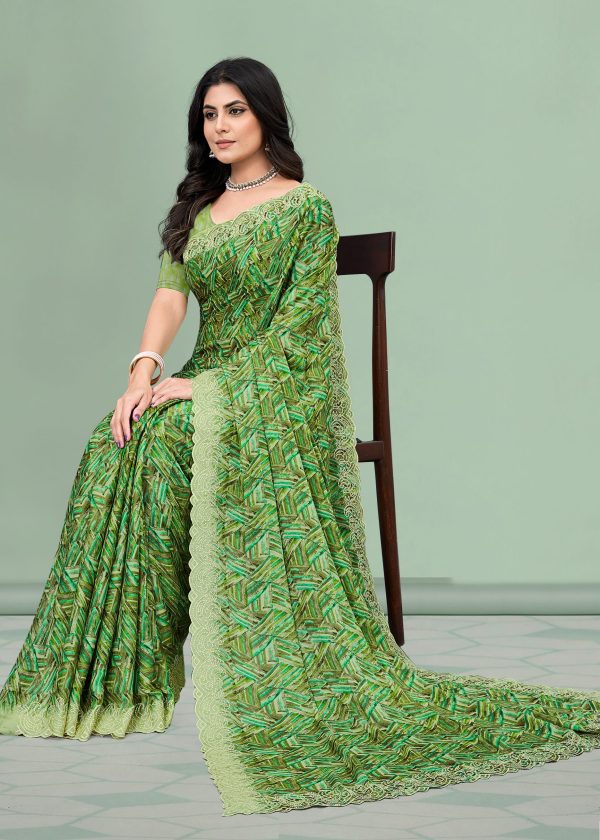 Silk Georgette Green Saree with Abstract Prints and Intricate Cutwork Embroidery Border