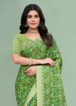 Silk Georgette Green Saree with Abstract Prints and Intricate Cutwork Embroidery Border