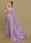 Silk Georgette Lavender Saree with Abstract Floral Patterns, Embroidered Cutwork Border