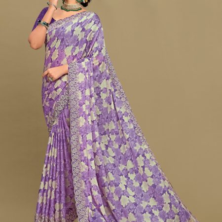 Silk Georgette Lavender Saree with Abstract Floral Patterns, Embroidered Cutwork Border