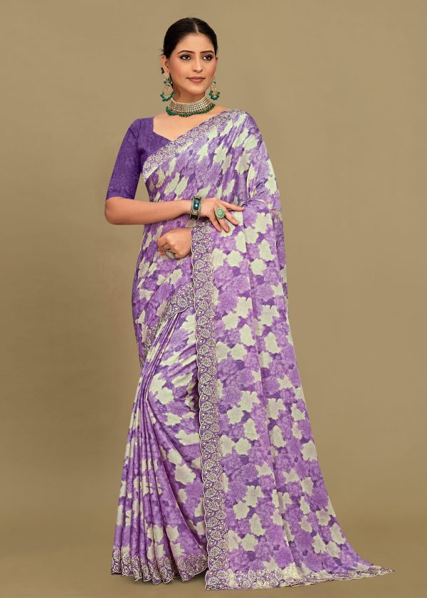 Silk Georgette Lavender Saree with Abstract Floral Patterns, Embroidered Cutwork Border