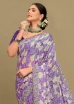 Silk Georgette Lavender Saree with Abstract Floral Patterns, Embroidered Cutwork Border